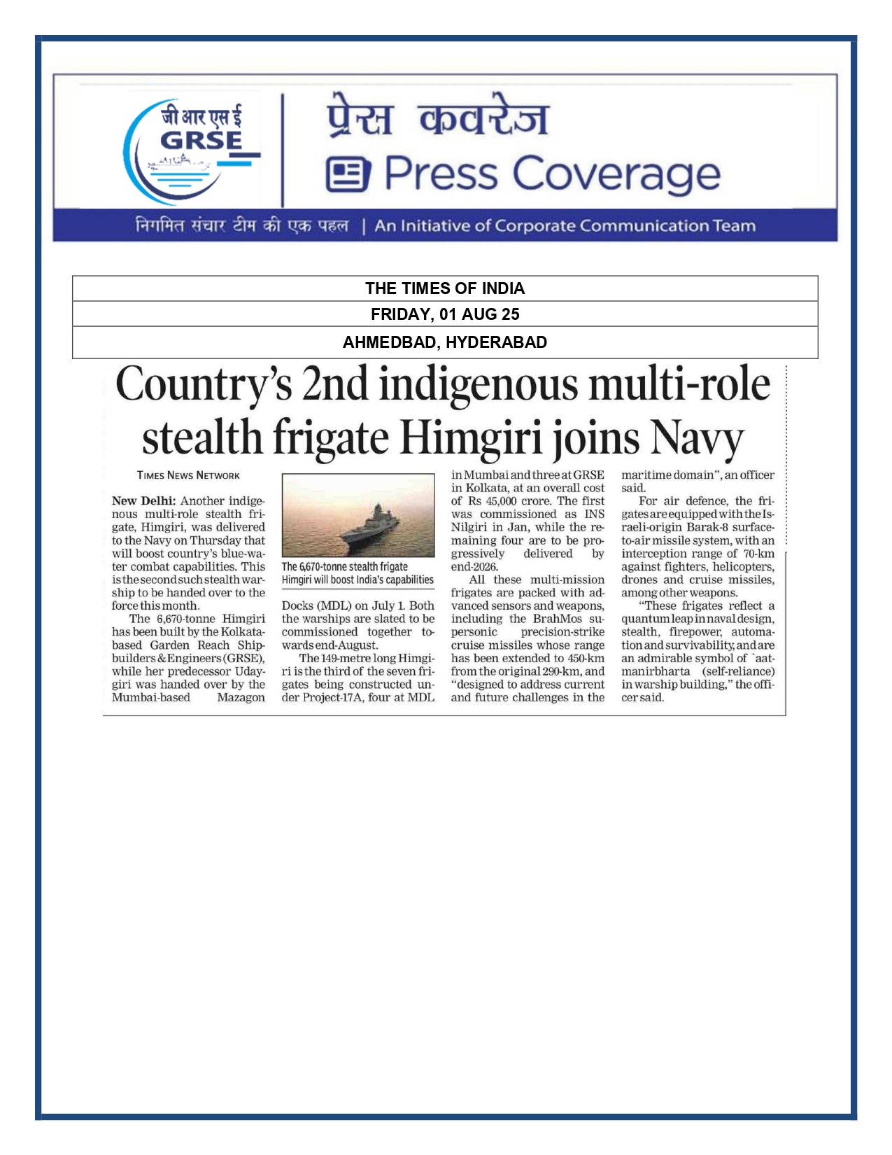 Press Coverage : 1 Aug 25:Another indigenous warship joins Navy